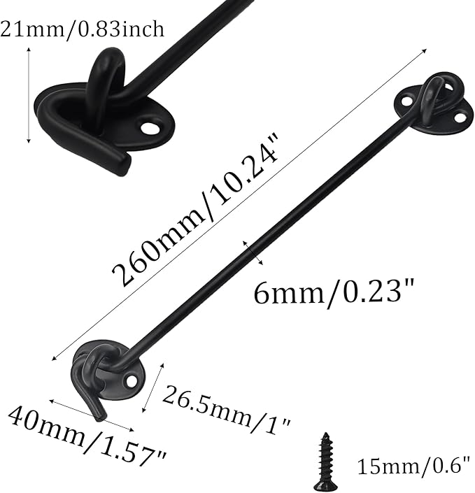 10 Inch Door Hook and Eye Latch, Black Swivel Gate Catch with Mounting Screws for Barn, Shed & Window