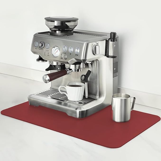 Mimore Red Coffee Bar Mat - 12x19 Inch Absorbent, Hides Stains, Rubber Backed - Countertop Dish Drying Mat for Coffee Maker, Espresso Machine