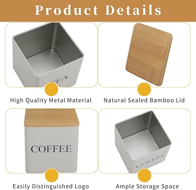 3 Pack 16oz Tea Sugar Coffee Container Set, Kitchen Canister Tins with Bamboo Lids, Stackable Storage Jar Suitable for Coffee Beans, Tea, Sugar, Flavourings, Cereals, Snacks
