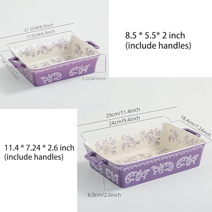 Domini Casserole Dishes for Oven, Ceramic Baking Dishes for Oven Set of 2, Lasagna Pan Deep, Baking Pan Set Square Casserole Dish Set with Handles for Baking, Pattern Purple(11.4+8.5inch)