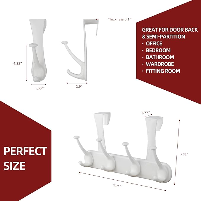 Lekarf Over The Door Coat Hook Kit, 1PC 4 Dual Hooks Rack + 2PC Dual Head Hook, White PP Material for Living Room, Bedroom, Bathroom, Wardrobe, Fitting Room, Office