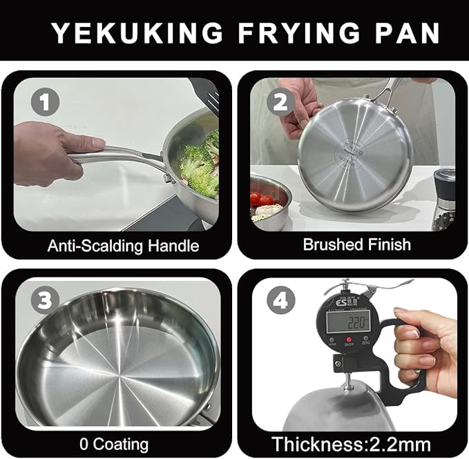 Tri-ply Stainless Steel Frying Pan 10 Inch Skillet for Chef's Cooking Pan Induction Oven Dishwasher Safe, Compatible with All Cooktops Up to 600℉ Come with Kitchen Tongs(Detachable Handle)