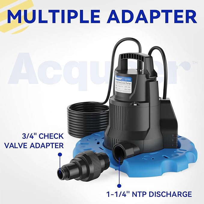 Acquaer 1/4 HP 自動プールカバーポンプ、2250 GPH 水中サンプポンプ 3/4インチチェックバルブアダプター & 25フィート電源コード付き、プール、温水浴槽、屋根、ウォーターベッドなどからの排水に