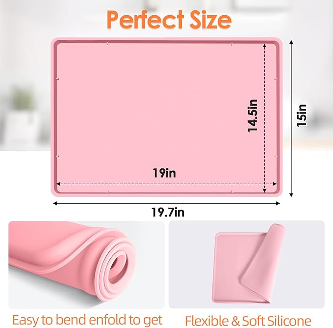TOHONFOO Silicone Coffee Maker Mat with Lip, 19.7'' x 15'' Heavy Duty Coffee Maker Mat for Countertops, Coffee Tray Fit Under Coffee Machine Appliance Automatic Machines Espresso Accessory, Pink
