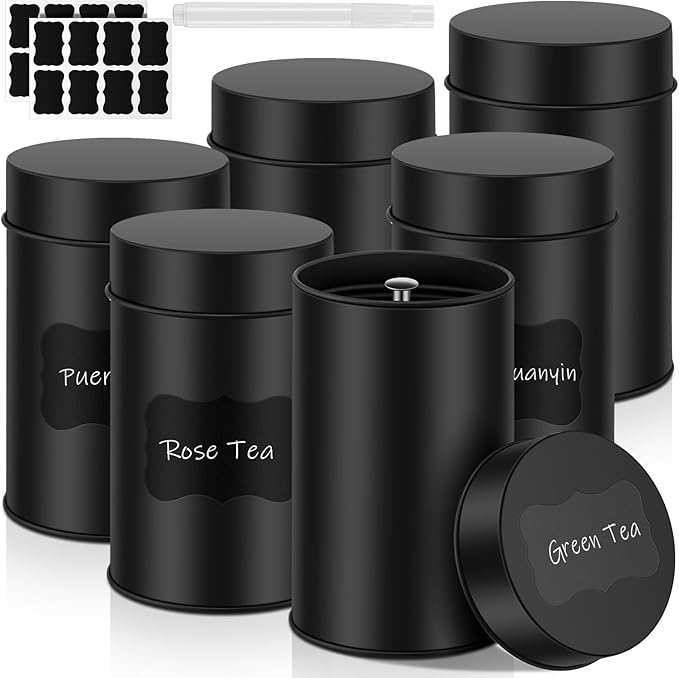 Tanlade 6 Pcs Tea Tin Canisters Airtight Double Lid Metal Storage Containers with Erasable Labels Marker, 14 oz Round Tins for Loose Leaf Tea Coffee Sugar Spice Pantry Organization