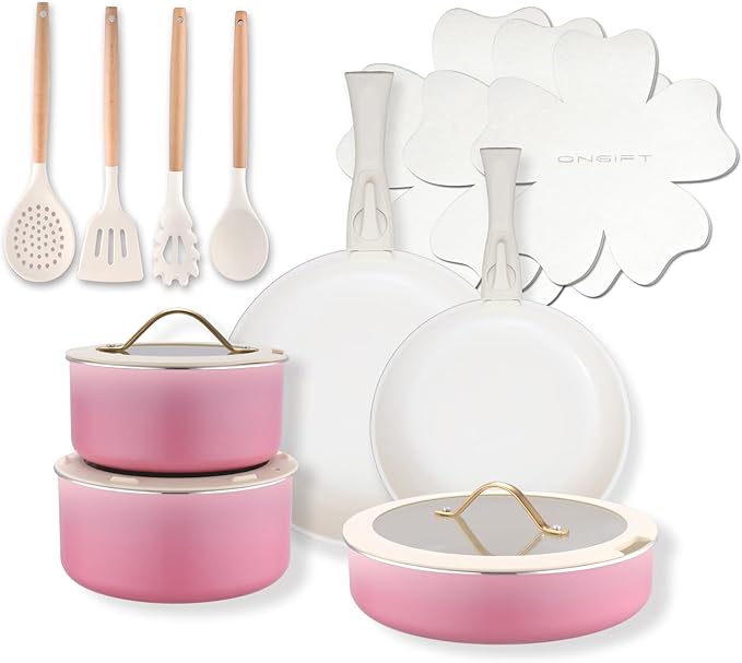ONGIFT 20pcs Ceramic Cookware Set Nonstick, Detachable Handle Pots and Pans Set, Non Toxic,No PFAS & PTFE & PFOA, Dishwasher/Oven Safe, RV Kitchen Set Removable Handle for Cooking, Pink