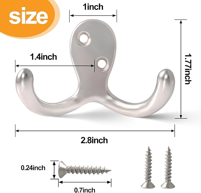 10 Pack Coat Hooks Wall Hooks for Hanging, Heavy Duty Double Prong Metal Hook Wall Mounted for Living Room, Bathroom, Kitchen, Bedroom for Coat, Bag, Scarf, Towel, Hat, Key, Cup (Silver)