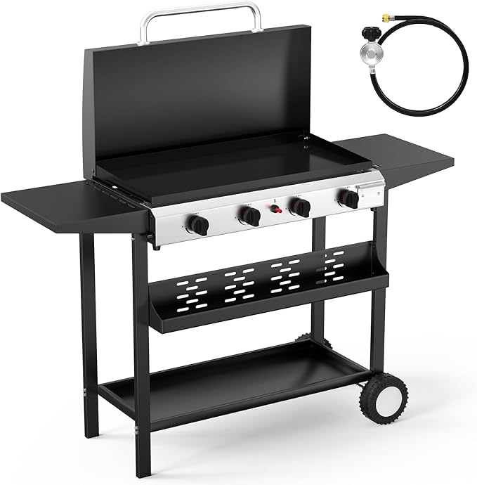 Bonnlo 40000BTU Propane Griddle with Lid and Ignition, Standing Flat Top Gas Grill with Storage Shelf and Portable Rolling Wheels, 4 Burner Camping Cooker for Patio Backyard Outdoor Cooking BBQ