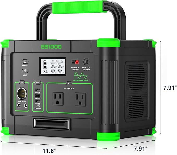 Portable Power Station 1000W (Peak 2000W), 999Wh Solar Generator, 110V Pure Sine Wave AC Outlet with PD 60W USB-C Fast Charging, Outdoor Camping RV Van Home Backup Off-Grid Living