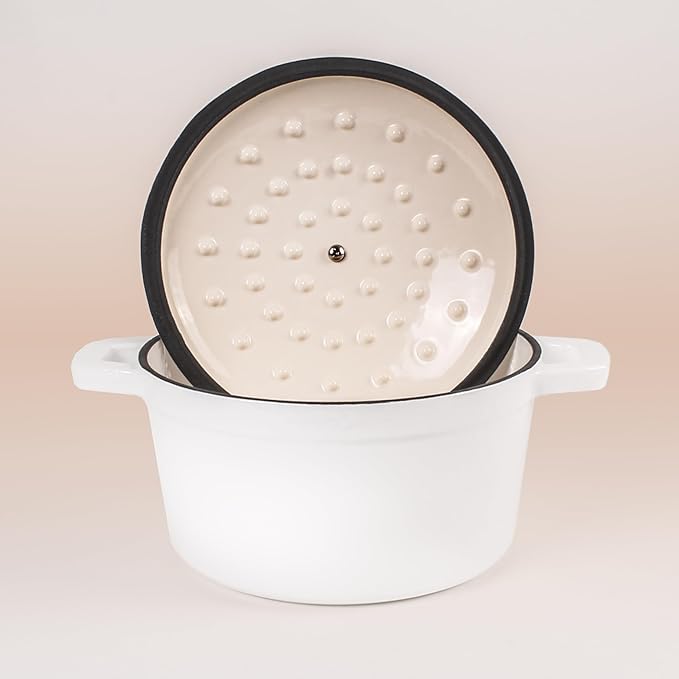 BergHOFF Neo 4Pc Enameled Cast Iron Cookware Set, Grill Pan 11 inches, Fry Pan 10 inches, 3qt. Dutch Oven, Matching Lid, Fast, Evenly Heat, Oven Safe (White)