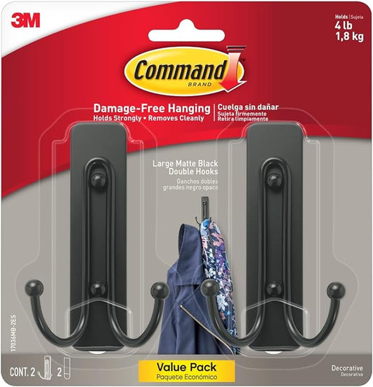 Command Large Matte Black Double Hooks, 2 Hooks and 2 Strips, Damage Free Hanging Wall Hooks with Adhesive Strips, No Tools Coat Hooks for Hanging Home Decor, Holds up to 4 lb