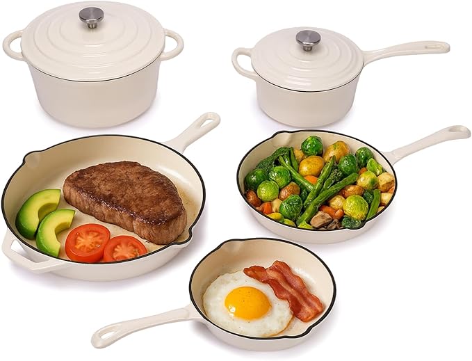 QuliMetal Enameled Cast Iron Cookware Set, 5-Piece Pots and Pans Set with Lids, Skillet, Frying Pan, Saucepan & Dutch Oven for All Stovetops, PFOA Free, Ideal for Sourdough Bread Baking