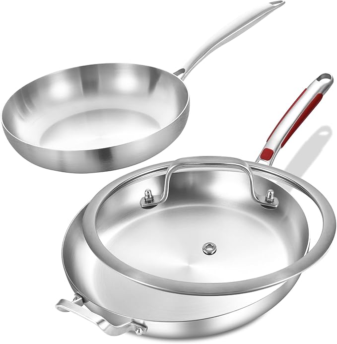 Inqibee Tri-Ply Stainless Steel Frying Pans Set, 12 Inch Stainless Steel Skillet, 14 Inch Large Fry Pan with Helper Handle and Lid, Induction Compatible, Oven & Dishwasher Safe, Detachable Handle