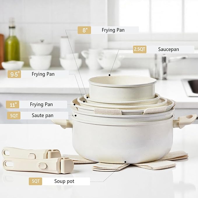 Bonnlo 22 Pcs Nonstick Pots and Pans Set with Lids, Kitchen Cookware Set with Detachable Handle Include Saucepan, Frying and Saute Pan, PFAS PFOA & PFOS Free, RV Induction, Aluminum, Cream White