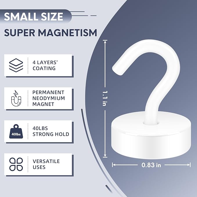 Neosmuk Magnetic Hooks, Cruise Ship Essentials, 40lb+ Heavy Duty Magnetic Hooks for Cruise Cabins, Refrigerator, Grill, Hanging, and Travel | Extra Strong Must-Haves Magnet Hook,White,Pack of 10