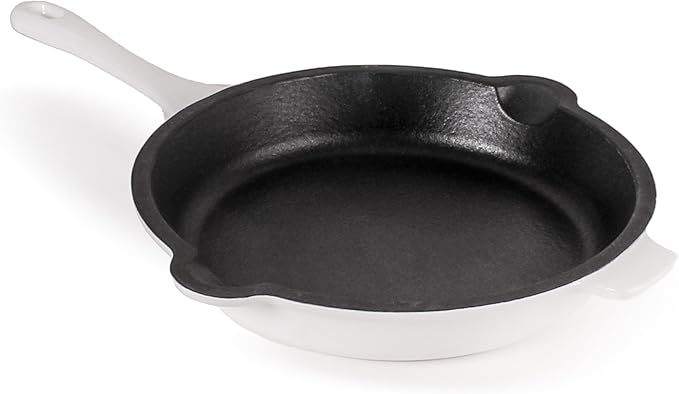 BergHOFF Neo 4Pc Enameled Cast Iron Cookware Set, Grill Pan 11 inches, Fry Pan 10 inches, 3qt. Dutch Oven, Matching Lid, Fast, Evenly Heat, Oven Safe (White)
