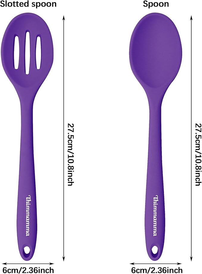 Silicone Spoon for Cooking, BPA Free Silicone Slotted Solid Spoons Set Heat Resistant, Dishwasher Safe Nonstick Silicone Kitchen Serving Spoon Set for Mixing Basting Stirring, Purple