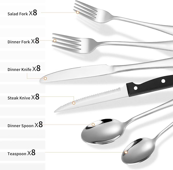 Lazycorner 53 Piece Silverware Set for 8, Flatware Set with Steak Knives for 8 and 5 Public Serving Use Set 18/10 Stainless Steel Serving Utensils Set Cutlery Set For Restaurant Hotel Dishwasher Safe