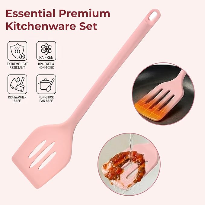 Silicone Kitchen Utensil Set,8 Pieces Cooking Kitchen Utensils Set, Spatula, Spoon, Non Stick Silicone Gadgets Utensil Set with Holder,Heat Resistant Cooking Tools Set for Cooking, BPA Free (Pink)