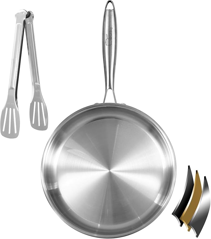 Tri-ply Stainless Steel Frying Pan 10 Inch Skillet for Chef's Cooking Pan Induction Oven Dishwasher Safe, Compatible with All Cooktops Up to 600℉ Come with Kitchen Tongs(Detachable Handle)