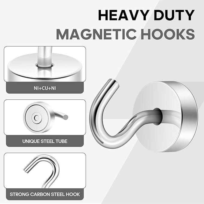 Neosmuk Magnetic Hooks, Cruise Ship Essentials, 30lb+ Heavy Duty Magnetic Hooks for Cruise Cabins, Refrigerator, Grill, Hanging, and Travel | Extra Strong Must-Haves Magnet Hook,Silver,Pack of 10