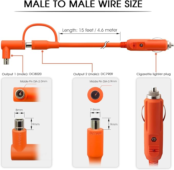 Car Charging Cable for Jackery Power Station Explorer 3000 2000 1500 1000 500 300 240-14AWG Heavy Duty 12V/24V Cigarette Lighter Charger with Adapters & Fuse, 15FT Orange Accessories