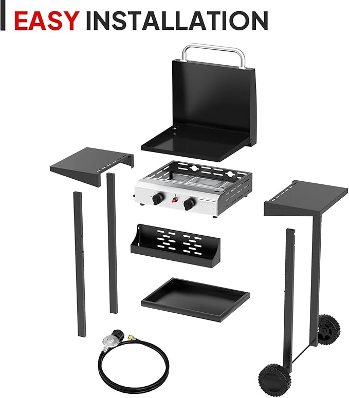 Bonnlo 20000BTU Propane Griddle with Lid and Ignition, Standing Flat Top Gas Grill with Portable Rolling Wheels and Storage Shelf, 2 Burner Camping Cooker for Patio Backyard Outdoor Cooking BBQ