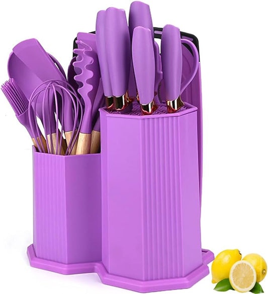 Kitchen Utensils Set,19 Pcs Cooking Tools and Knives Set,Cutting Board, Silverware Set, with Utensil Holder Precision Cutting and Organized Dining Kitchen Tool (Purple)