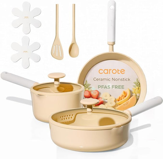 CAROTE Ceramic Cookware Set Nonstick, 9pcs Pots and Pans Set Non stick, Non-Toxic & PFAS-Free,Dishwasher, RV/Camping Cookware Set,Sauce Pan with Lid, Yellow