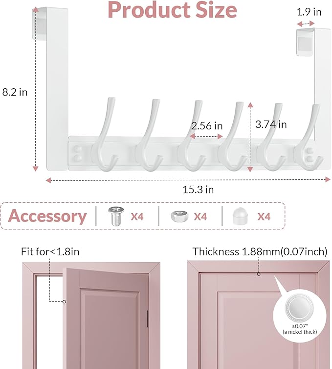 BAKON 2 Packs Over The Door Hooks with 6 Hook, Heavy Duty Over Door Hanger for Hanging Clothes Coat Hat Jacket, Door Coat Rack for Bathroom Closet Laundry Bedroom Kitchen Living Room Home Organizer