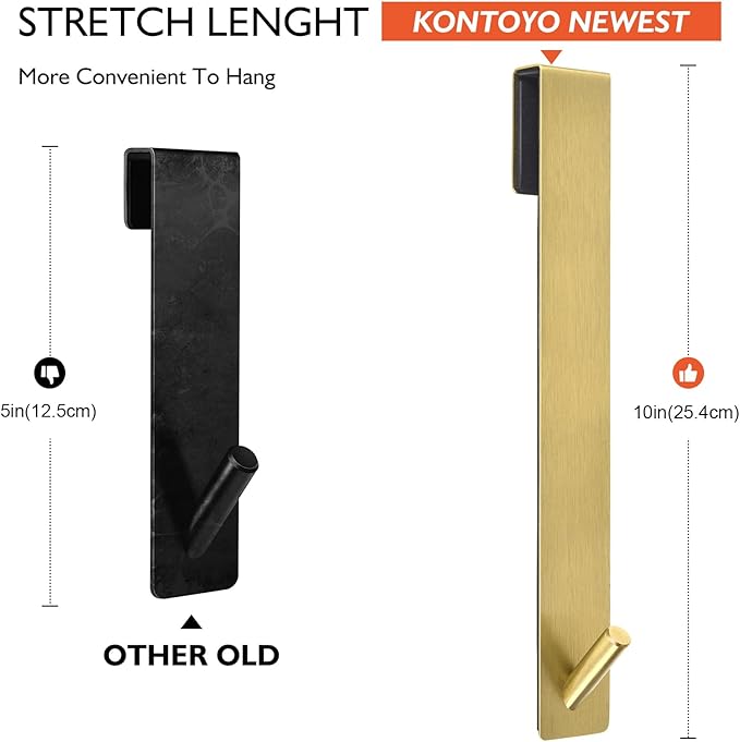 10 Inch Extended Over Door Hooks, Stainless Steel Towel Hooks, Heavy Duty Rack Hooks for Robe, Towel - 4 Pack - Gold