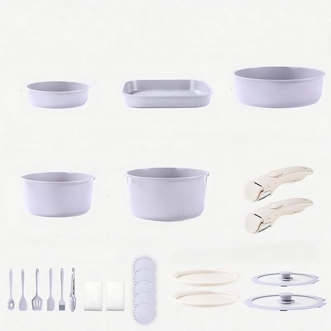 24-Piece Non-Stick Cookware Set with Stackable Storage, Kitchen Collection Including 8-10 Inch Skillets, Casserole Dish, Removable Handle, Utensils, Silicone Mat, Storage Lid (Purple)