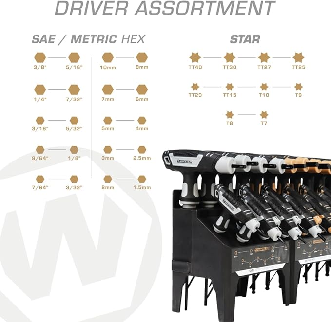 Wheeler 30 Piece SAE/Metric Hex and Torx P-Handle Set for Pistol Rifle Handgun Gunsmithing Rebuild and Maintenance, Black, Yellow, Gray