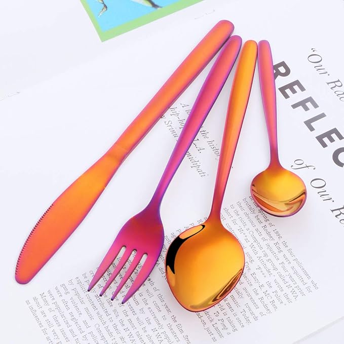 BuyGo Rainbow Red Silverware Flatware Set, 16-Piece Light Weight Stainless Steel Eating Utensil Service for 4, Include Knife Fork Spoon, Dishwasher Safe