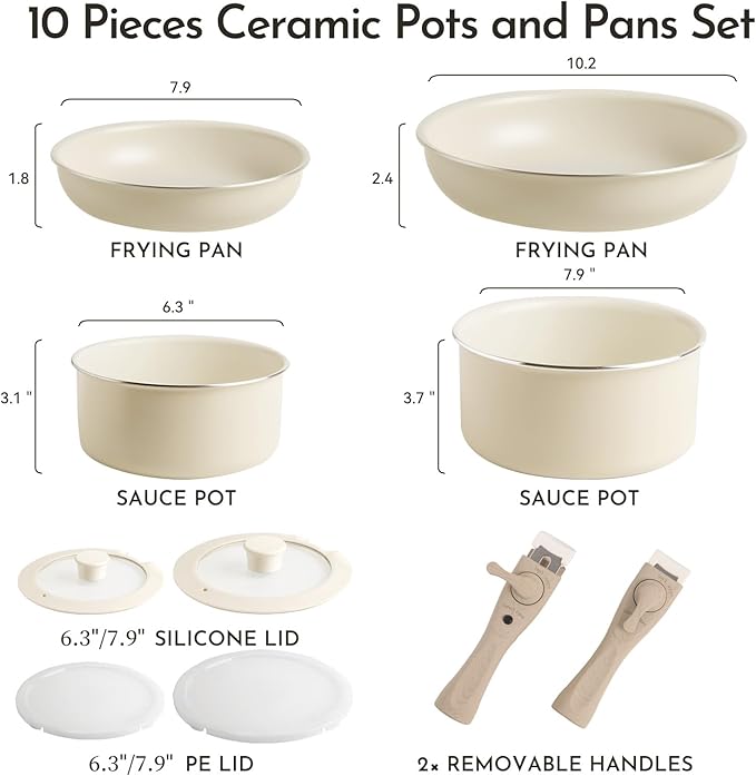 Heapsion 18-Piece Ceramic Nonstick Cookware Set, PFAS/PFOA/PTFE-Free & Non-Toxic Pots and Pans Set with Detachable Handles, Dishwasher Safe & Induction Compatible for Kitchen & RV Cooking