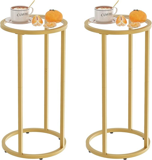 Easy Paws C Table Side End Table,Glass Couch Side Tables for Living Room, Round Sofa End Table with Metal Frame, Small Snack Table for Bedroom, Small Spaces, Easy Assembly (Gold,2pcs)