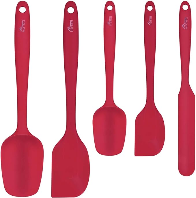 HOTEC Heat Resistant 600℉ BPA-Free Silicone Rubber Spatula Set, Kithchen Cooking Spatulas, Baking, Mixing, for Non Stick Cookware, Dishwasher Safe, Red Set of 5