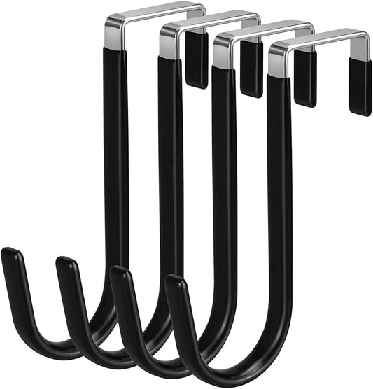 DkOvn 4 Pack Over The Door Hook, Door Hooks, Black Rubber Surface Prevent Scratch Door Hanger Hooks for Bathroom, Living Room, Kitchen, Hanging Clothes, Towels, Bags