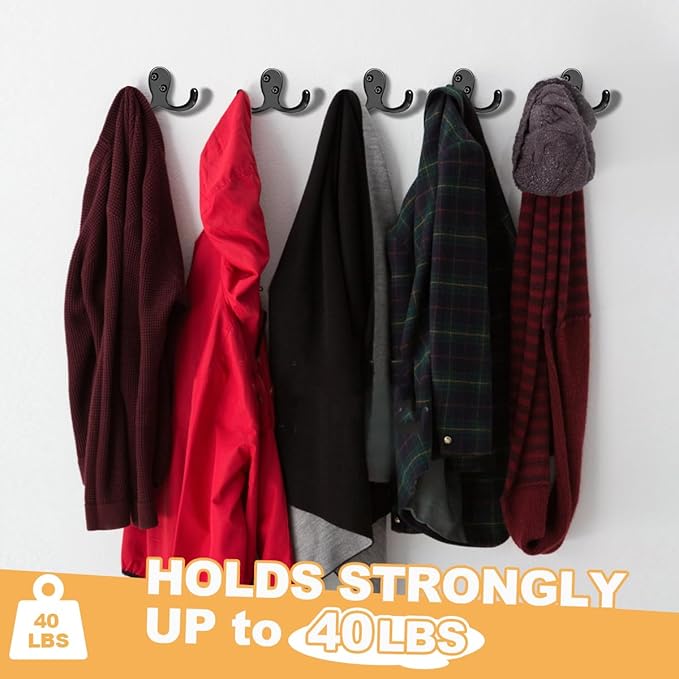 15 Pack Coat Hooks Wall Hooks for Hanging, Heavy Duty Double Prong Metal Hook Wall Mounted for Living Room, Bathroom, Kitchen, Bedroom for Coat, Bag, Scarf, Towel, Hat, Key, Cup (Black)