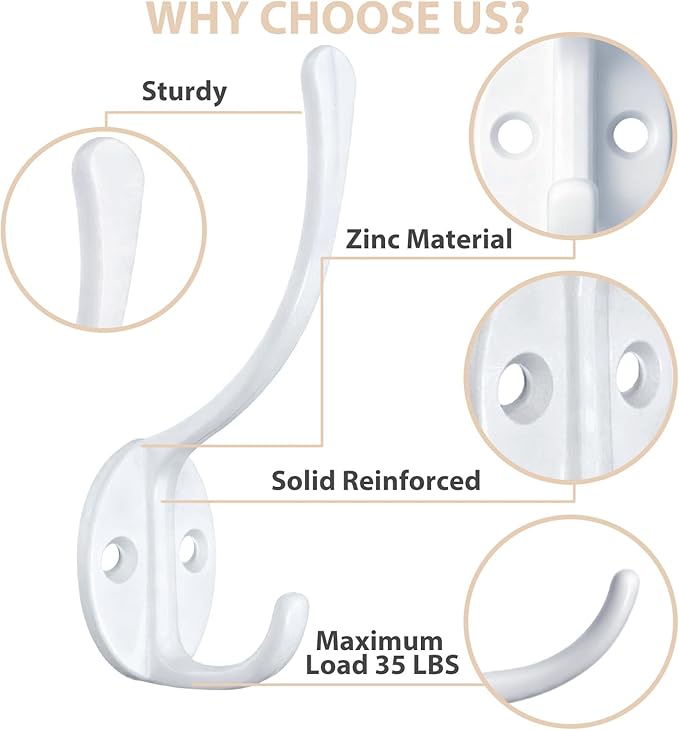 10 Pack Coat Hooks Wall Mounted with 20 Screws, Heavy Duty White Towel Hooks Metal Double Hooks, No Rust Retro Rustic Wall Hooks for Hanging Towel, Coat, Scarf, Bag, Hat, Cup, Key