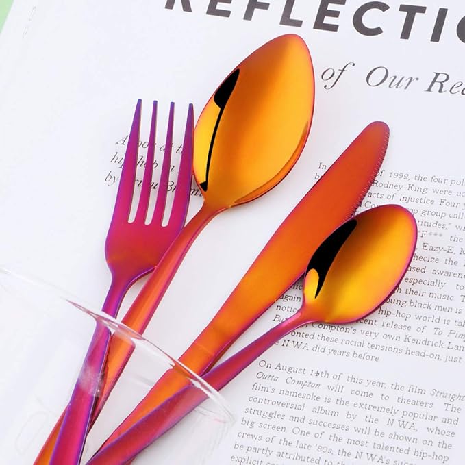 BuyGo Rainbow Red Silverware Flatware Set, 16-Piece Light Weight Stainless Steel Eating Utensil Service for 4, Include Knife Fork Spoon, Dishwasher Safe