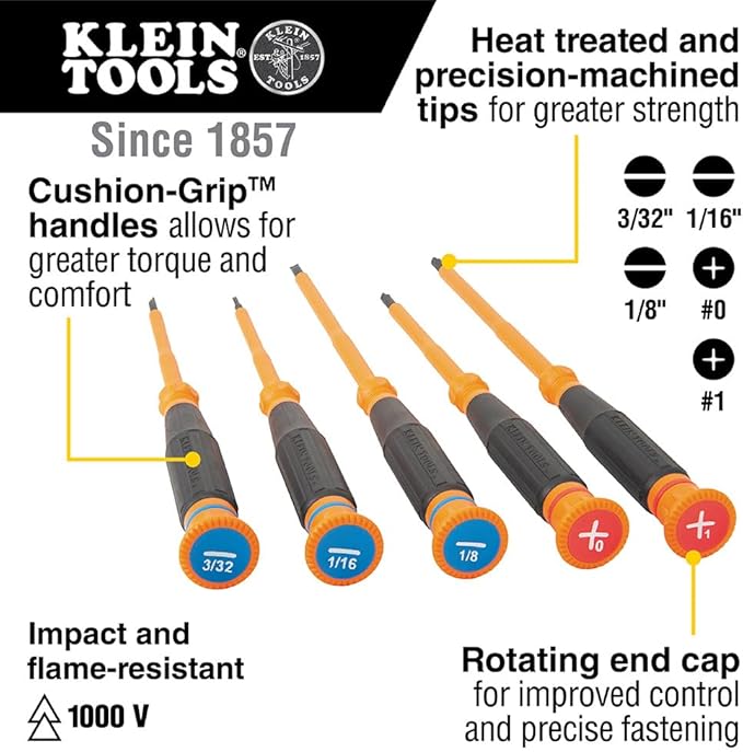 Klein Tools 6264INS Insulated Precision Screwdriver, #1 Phillips Mini Electrician Screwdriver, 1000-Volt Cushion Grip Handle
