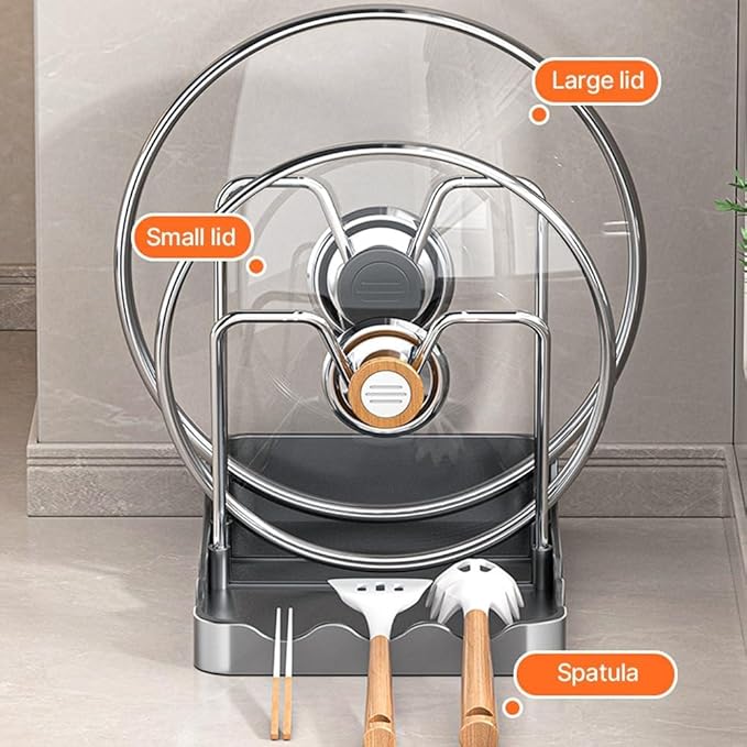 Kitchen Pot Lid Storage Rack - Double Lid Holder Cooking, Multifunctional Pot Lid & Cutting Board Holder, PP+Rust-Resistantcarbon Steel, Space-Saving ,For Cutting Boards, Spoons, Chopsticks ( Black)