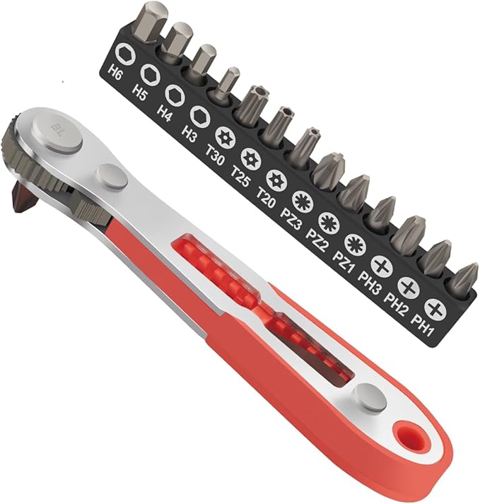 ROTATION 16pc Bit Set with 1/4 Mini Ratchet Offset Right Angle Screwdriver, Reversible Drive Handle, EDC Tool for Tight Spaces Automotive, Electronics & DIY Repair