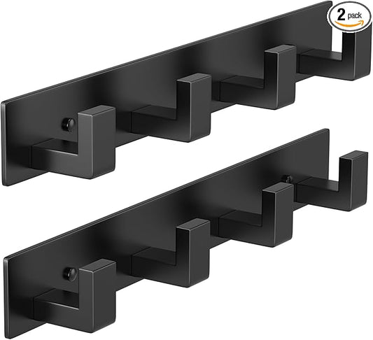 PMMASTO Coat Rack Wall Mount, Coat Hooks Wall Hooks for Hanging, Stainless Steel Coat Hanger Towel Hooks for Bathrooms, Coat Rack Hat Rack (Black 4 Hooks, 2 Pack)
