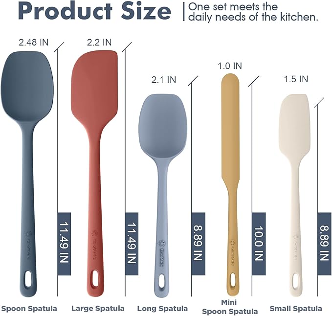 ChefAide 5 Pieces Silicone Spatula Set, Food Grade Rubber Spatula, Upgrade Strong Handle with Ergonomic Grip, Heat Resistant Up to 600°F for Nonstick Cookware, Cooking
