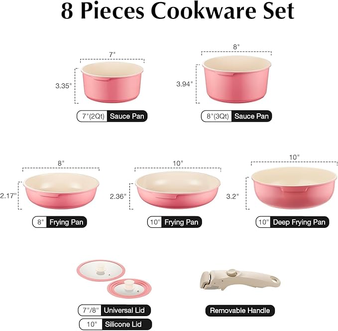 IKTU Ceramic Pots and Pans Set Non Stick Pink, 8 Pcs Nonstick Cookware Set with Detachable Handle RV Camping Induction Kitchen Cookware Set Non Stick, PFAS PFOA & PTFE Free