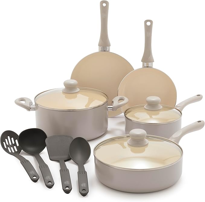 GreenLife 16-Piece Nonstick Cookware Set, Non-Toxic Ceramic Pots and Pans Set, Durable Healthy Kitchen Essentials, Fast Heating, Induction Ready, Easy Clean Dishwasher Safe, PFAS-Free, Light Gray
