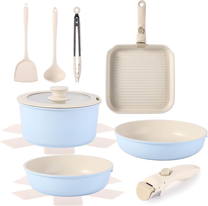 12 PCS Kitchen Cookware Sets with Detachable Handle,Pots and Pans Sets Non Stick, Induction Pan Set for RV Cookware,Oven Safe, PFOA Free（Blue)
