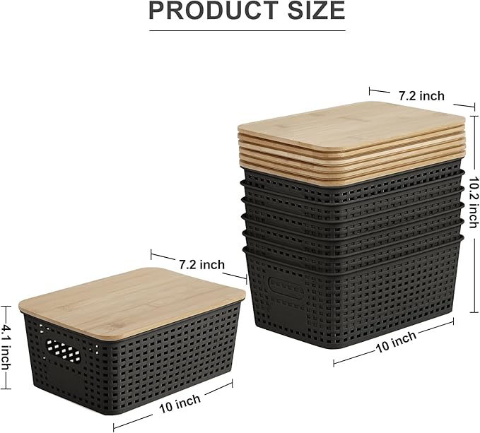 Bagnizer Small Plastic Storage Bins with Bamboo Lids 5.2qt Stackable Box Basket Pantry Decorative Containers Cute with Labels for Organizing Desktop Closet Office Black of 6 packs 10 * 7.2 * 4.1"